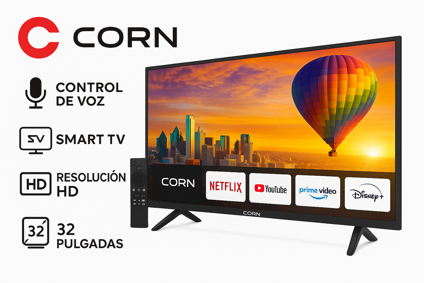 Smart TV CORN de 32 pulgadas con TDT CON BASE PARED- ANTENA Y 2 CONTROLES