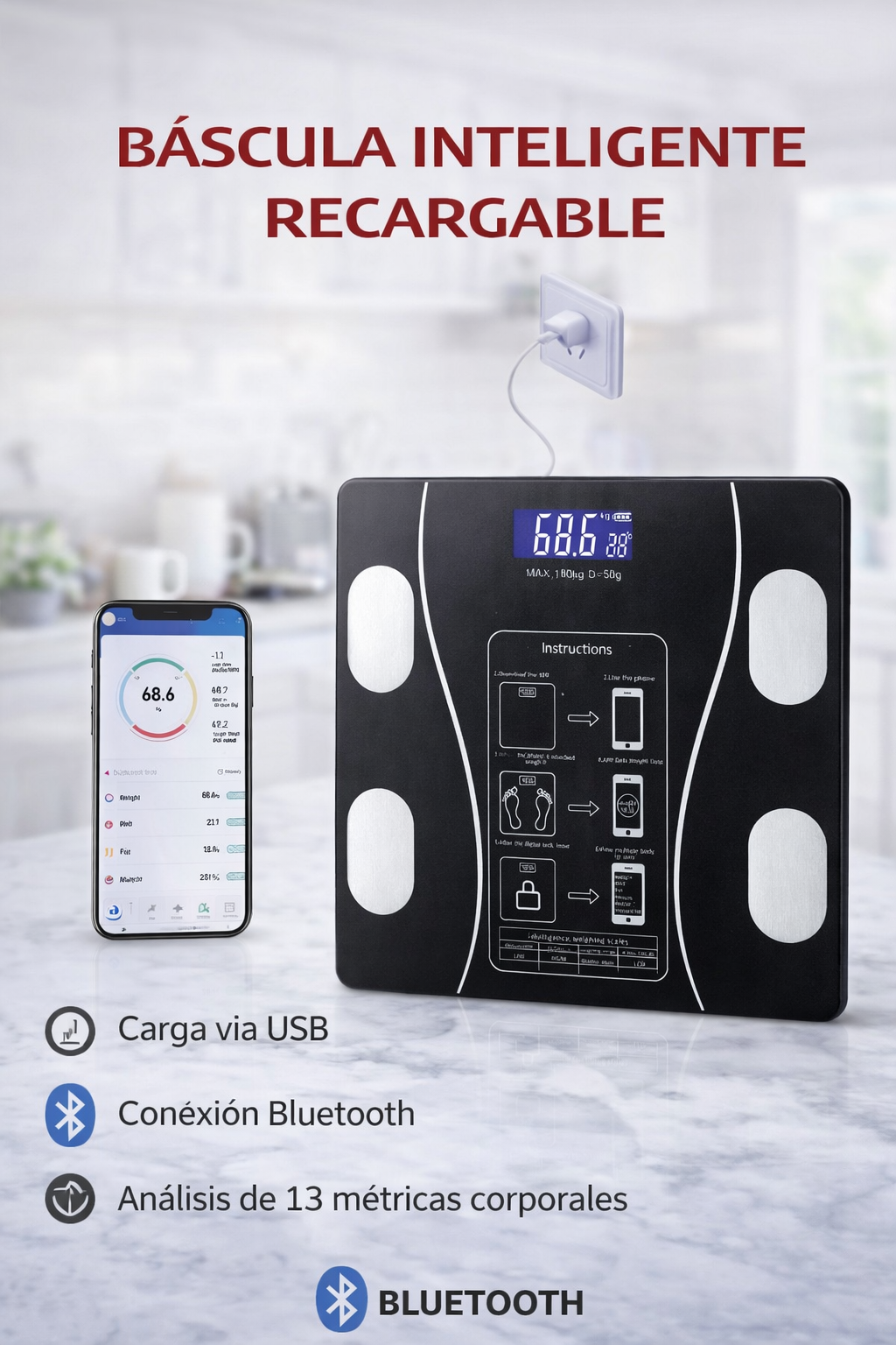 Báscula Inteligente Recargable Bluetooth