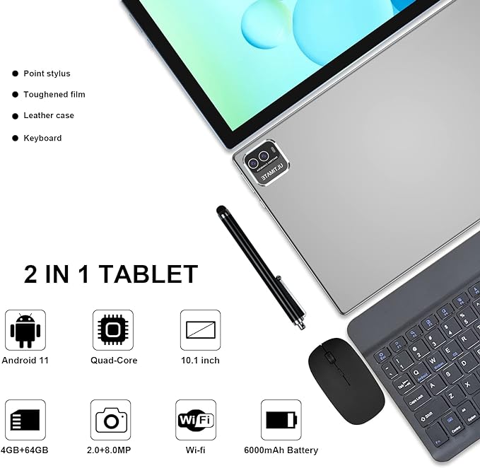 Tablet PC de 10.1 pulgadas con funda de teclado, ratón, película protectora, lápiz capacitivo, 64 GB ROM, 4 GB de RAM, Android 11.0, cámara dual de 8 MP, batería de 6000 mAh, IPS, WIFI,