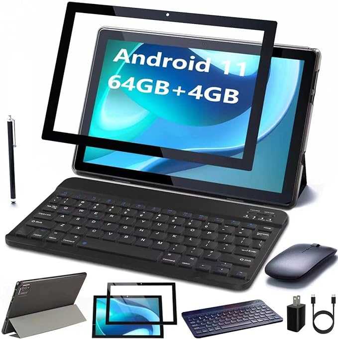 Tablet PC de 10.1 pulgadas con funda de teclado, ratón, película protectora, lápiz capacitivo, 64 GB ROM, 4 GB de RAM, Android 11.0, cámara dual de 8 MP, batería de 6000 mAh, IPS, WIFI,