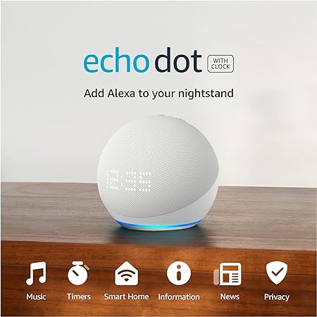 Echo Dot con reloj (5.ª generación, modelo de 2022) | Parlante inteligente con reloj y Alexa | Blanco