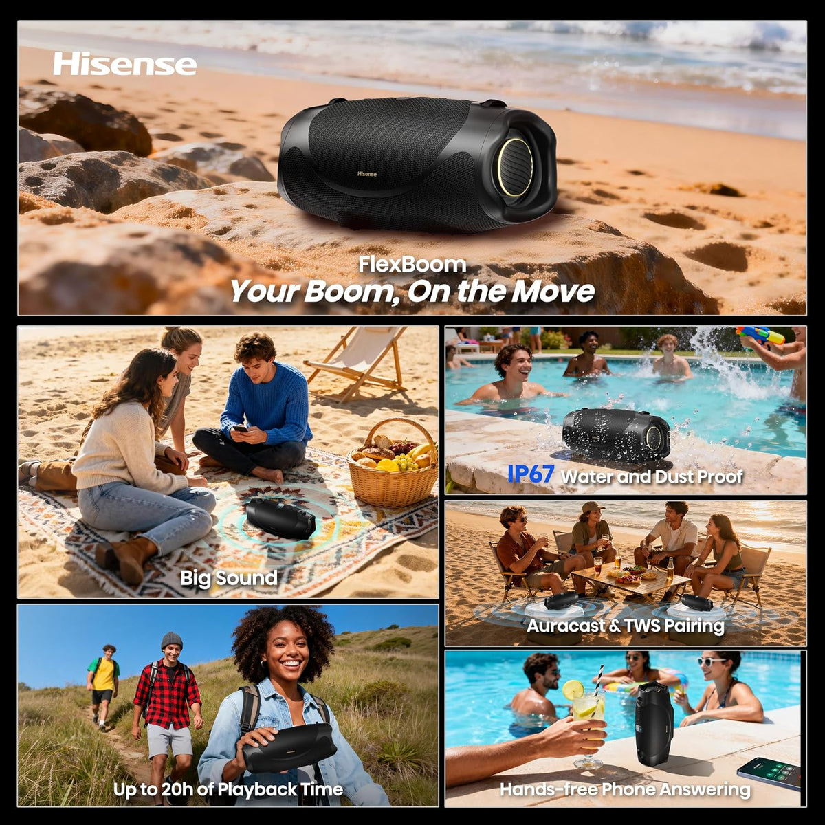 Parlante Bluetooth Hisense FlexBoom hasta 80 W – IP67