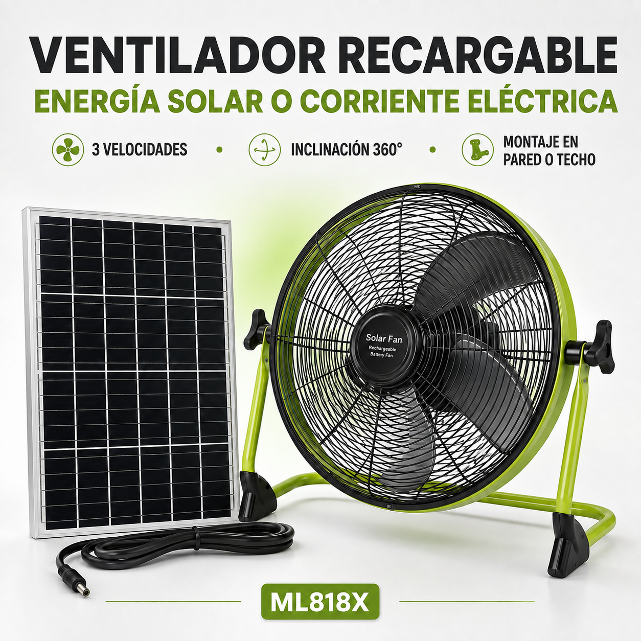 VENTILADOR RECARGABLE DE CORRIENTE ELECTRICA Y SOLAR